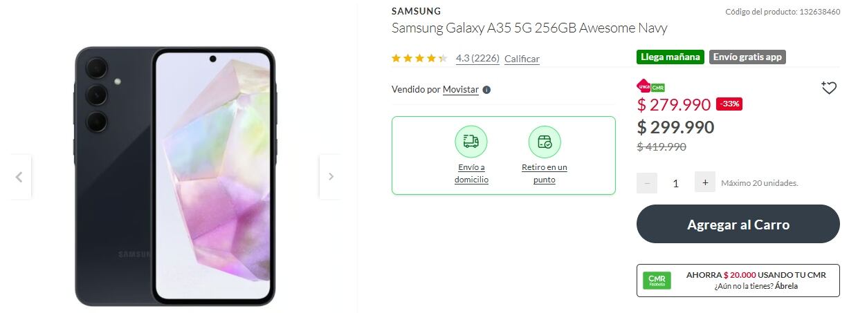 La tienda de Falabella ofrece un Celular Samsung Galaxy A35 con 128GB a un precio promocional de $279.990 chilenos.