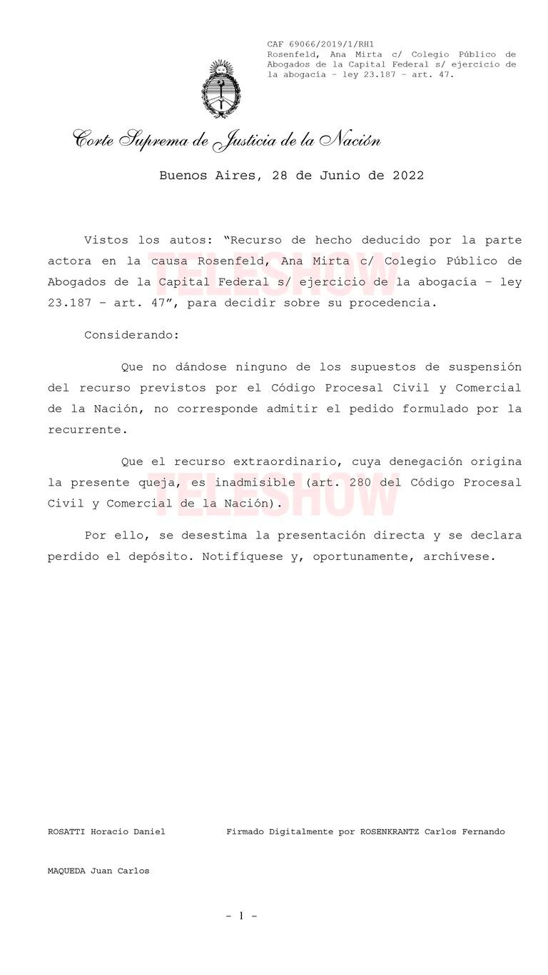 Ana Rosenfeld no podrá usar su matrícula de abogada por un año.