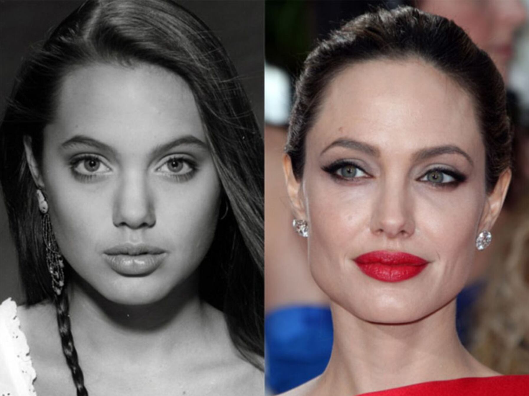 La gran reina del "baby face". Angelina a los 14 años y depués en una de las premieres de "Maléfica".