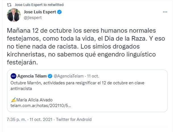 El posteo de Espert sobre el 12 de octubre que ameritó una denuncia por 'incitación al odio'.