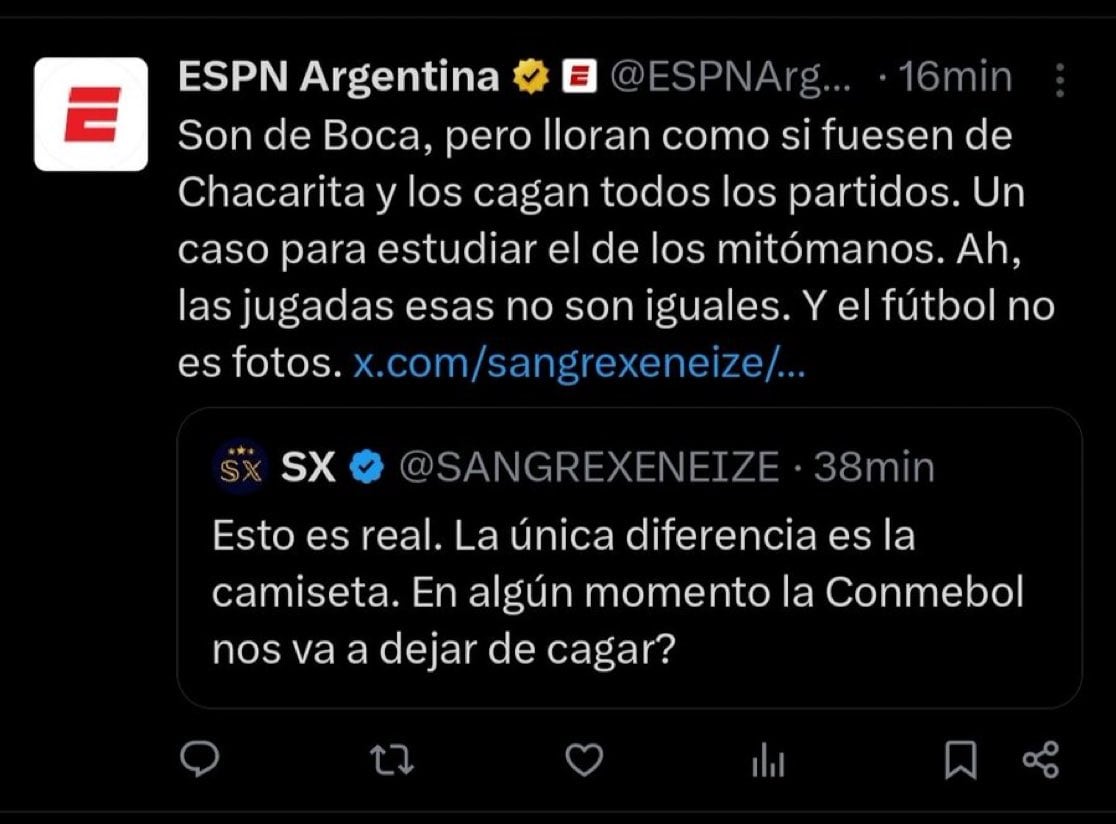 El tuit viral de ESPN Argentina contra un hincha de Boca.