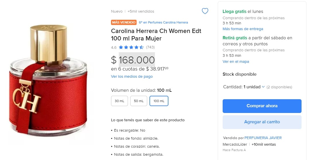 El mismo modelo de perfume se encuentra disponible para comprar en Mercado Libre por $168.000 argentinos.