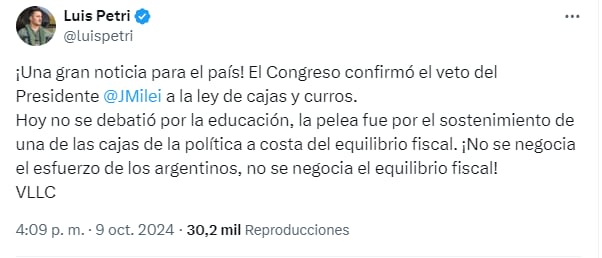 Luis Petri celebró que el presidente Javier Milei vete el financiamiento universitario.