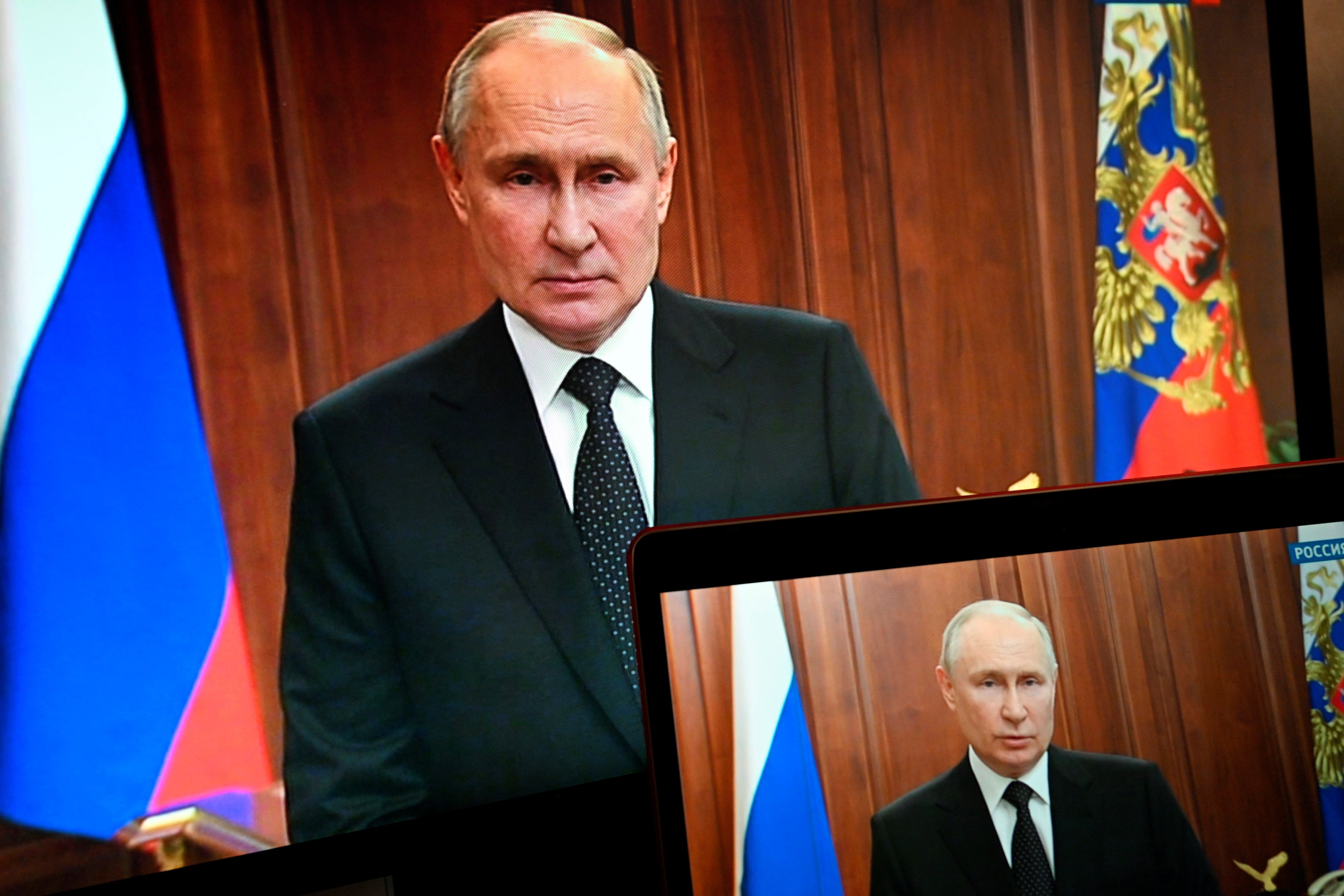 Putin al dirigirse a Rusia. (Pavel Bednyakov, Sputnik, Kremlin Pool Photo vía AP)