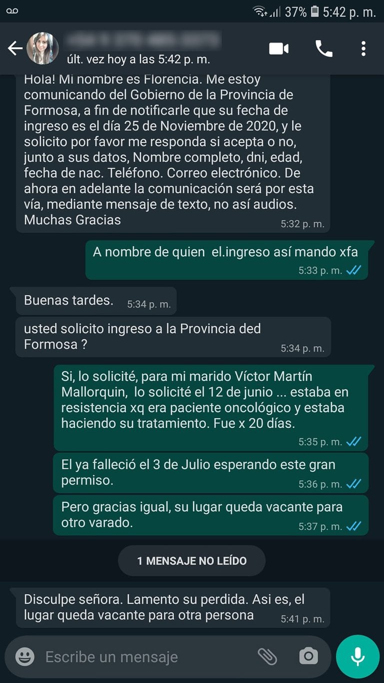 La mujer compartió una captura de pantalla de la funcionaria que escribió para confirmarle que estaba autorizado el ingreso a la provincia.