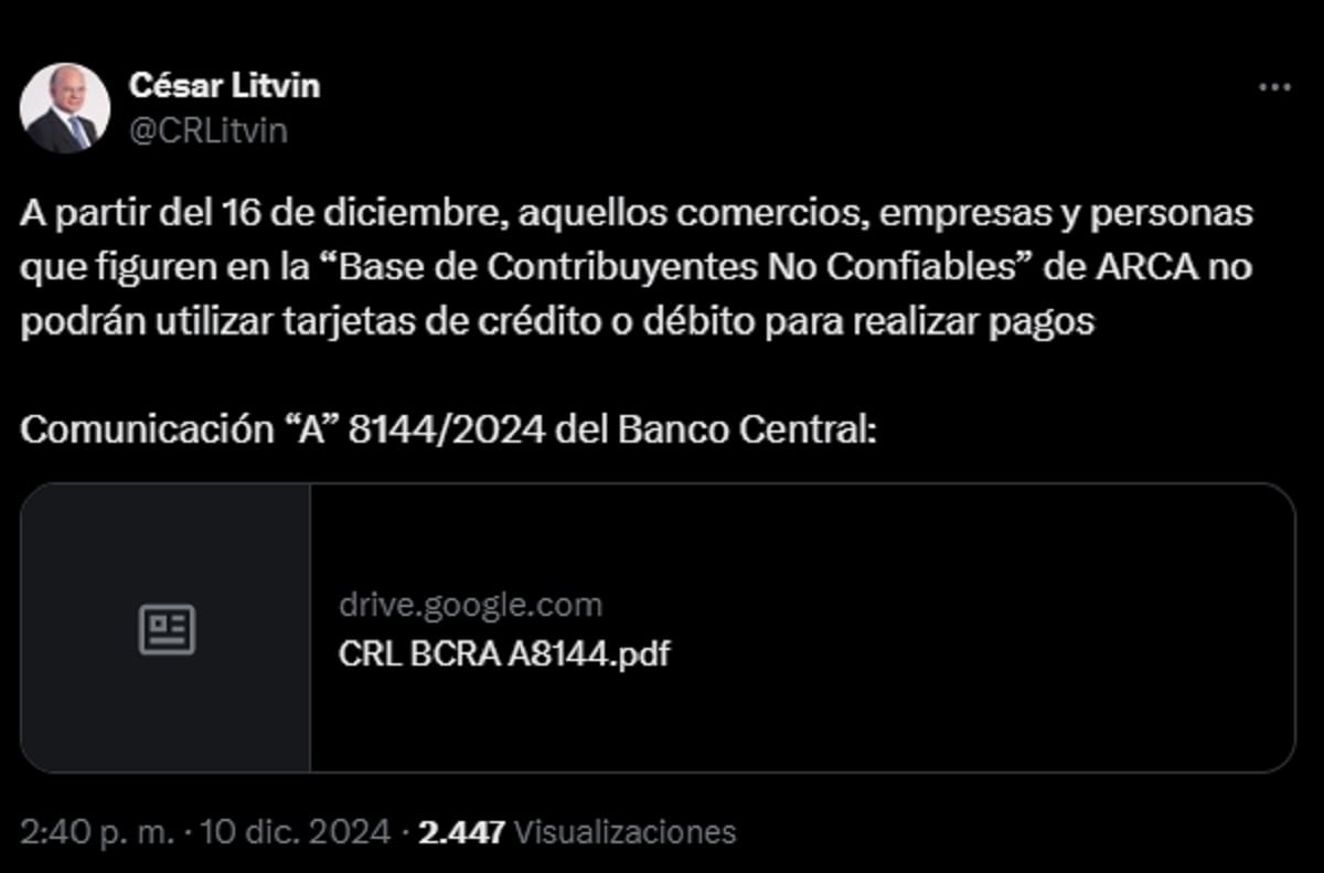 El Banco Central determinó que los adquirentes o empresas procesadoras de pagos no podrán prestarles servicios a comercios y demás personas humanas o jurídicas que figuren en la “Base de Contribuyentes No Confiables”  (Foto: Twotter César Litvin).