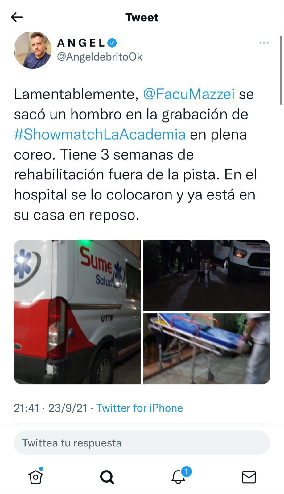 Facu Mazzei se lesionó y lo tuvo que asistir una ambulancia.