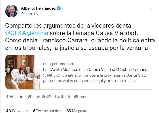 El tuit de Alberto Fernández apoyando a Cristina Kirchner en la causa Vialidad (Twitter)