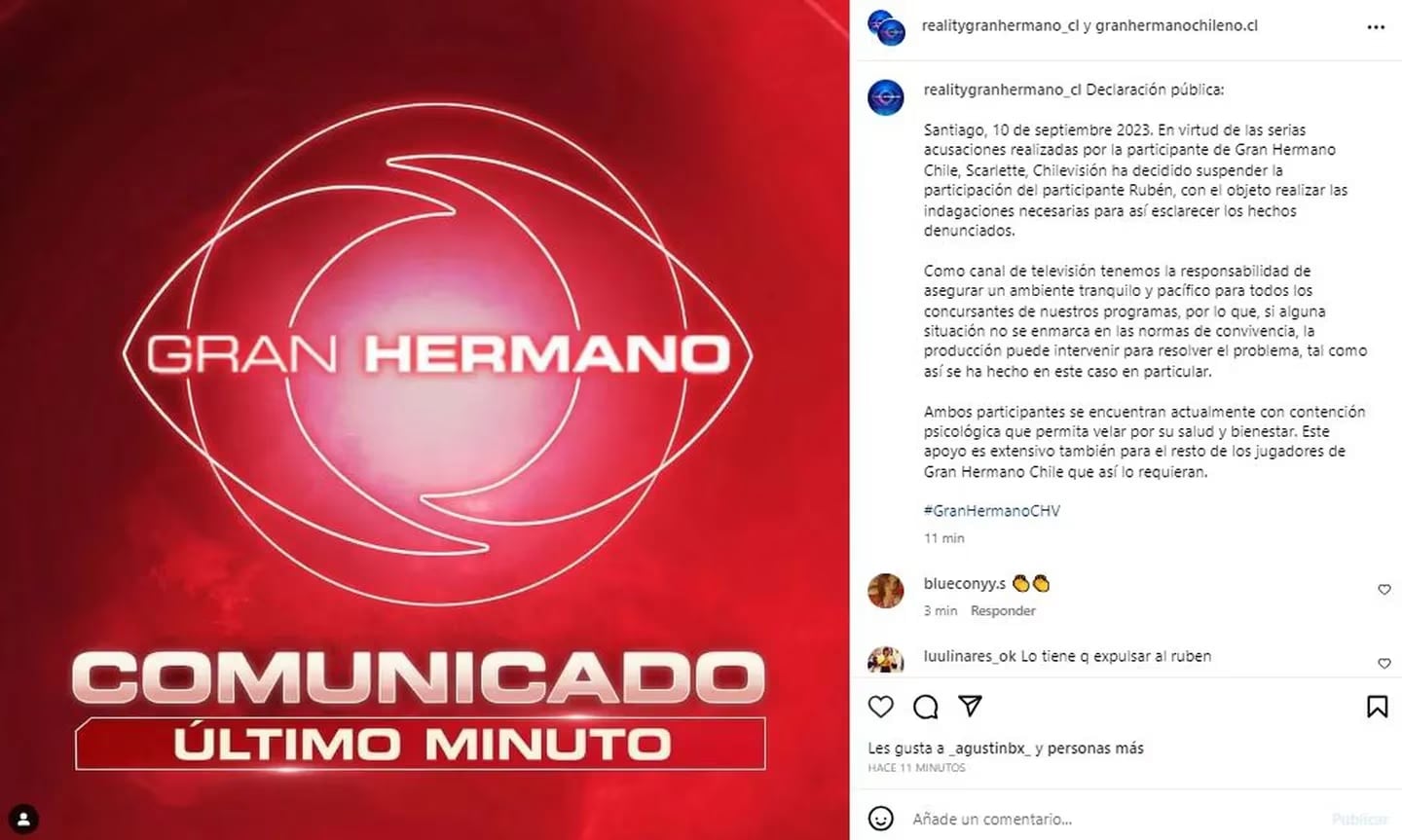 Suspendieron a un participante de Gran Hermano Chile tras la denuncia de una concursante. Gentileza: Captura Instagram @granhermanochileno.cl.