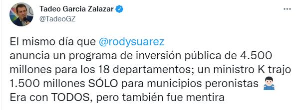 El intendente de Godoy Cruz criticó al funcionario nacional por una inversión destinada a Maipú, una comuna administrada por el PJ.