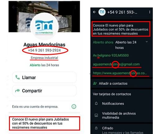 Denuncian que un número de WhatsApp realiza estafas en nombre de Aysam. Foto: Aguas Mendocinas.