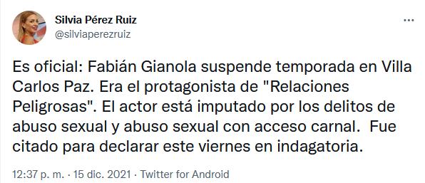 Tuit sobre Fabián Gianola