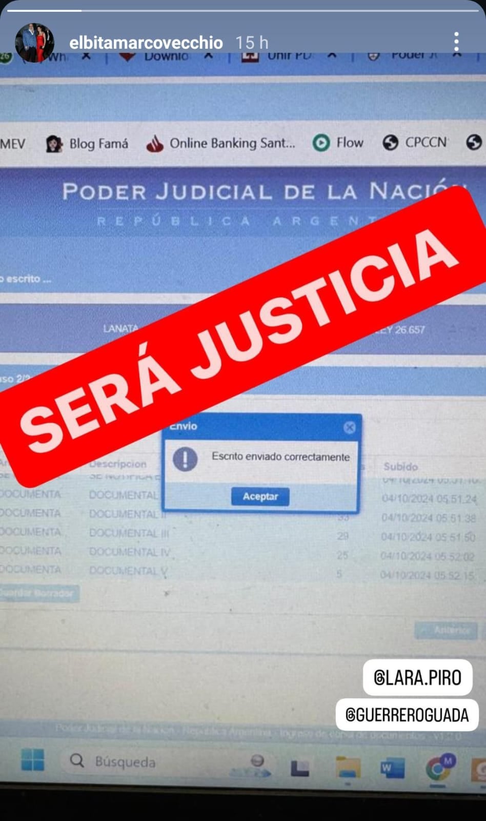 La historia que publicó Elba Marcovecchio después de presentar una contrademanda contra las hijas de Lanata. Instagram