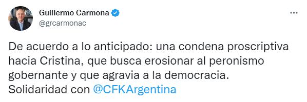 Guillermo Carmona, ex presidente del PJ y funcionario del gobierno de Alberto Fernández, repudió la condena.