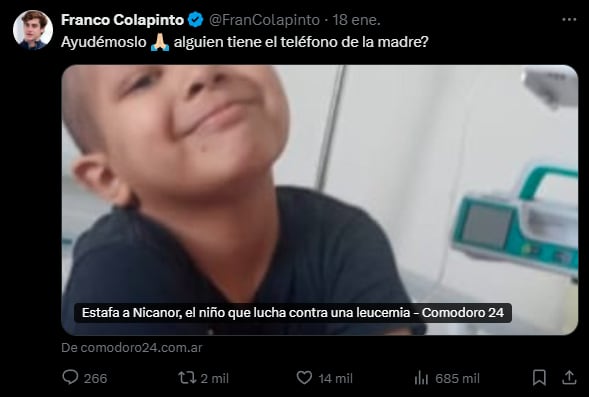 El tuit de Franco Colapinto ayudó a recaudar el dinero. Foto: captura.