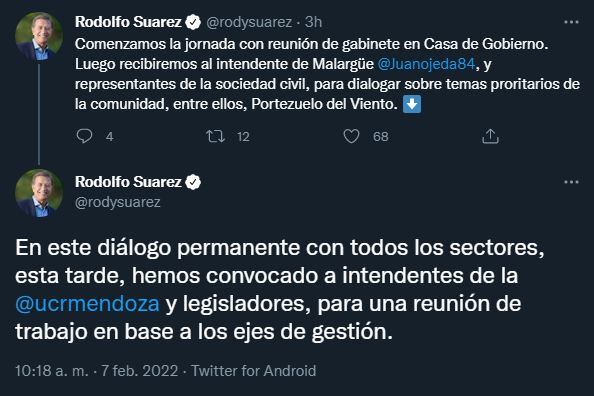 El gobernador Rodolfo Suárez anunció vía Twitter las reuniones previstas para este lunes.