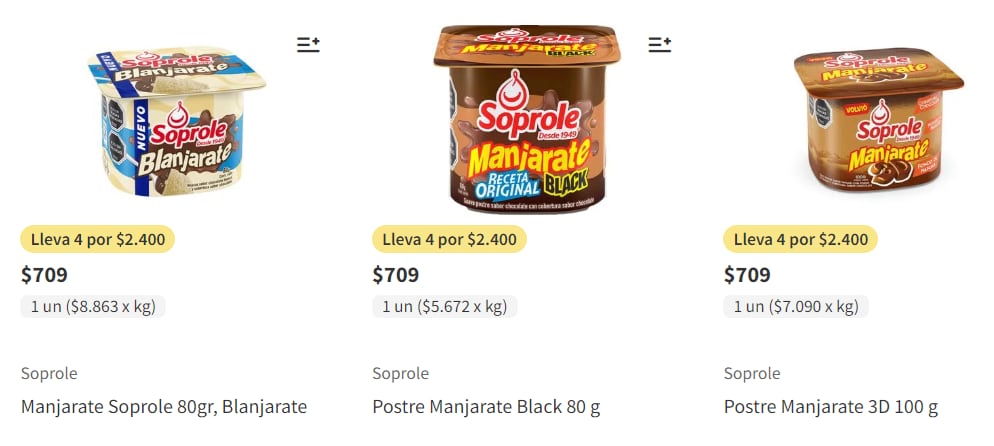 Precios de manjarate. Captura: Jumbo Chile