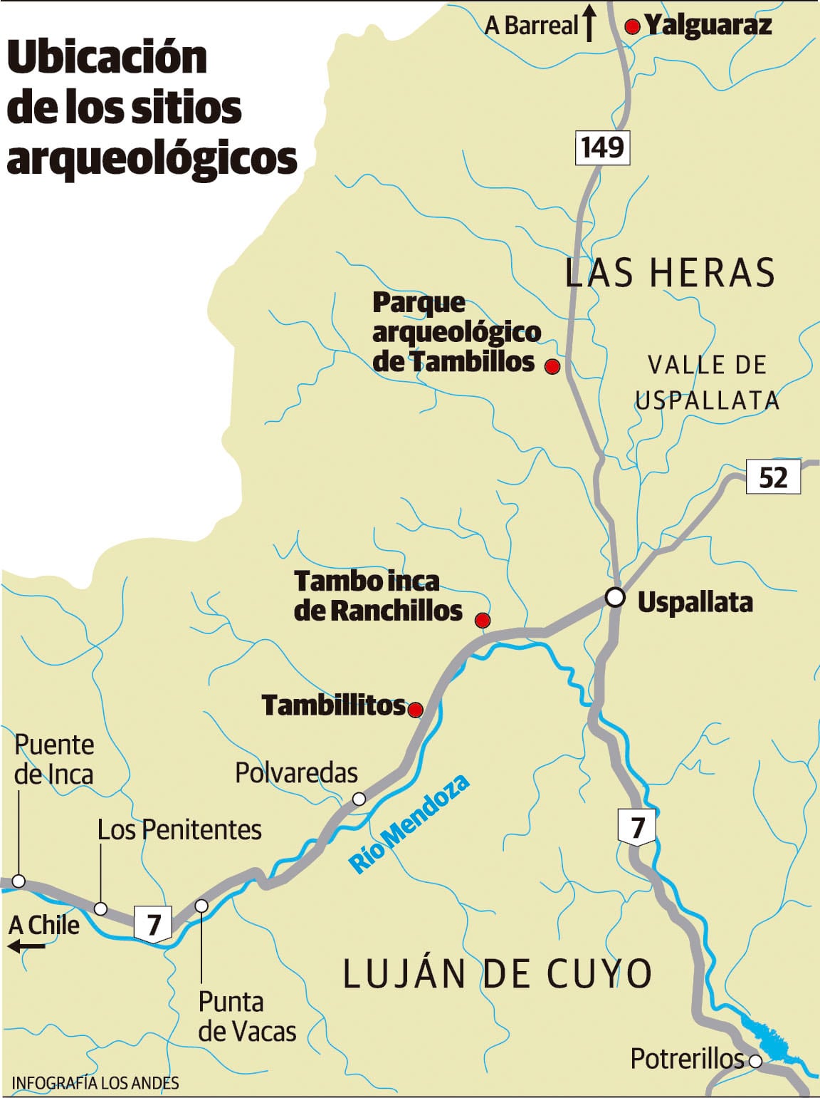 Ubicacion de sitios arqueológicos incas en Mendoza. | Infografía: Gustavo Guevara / Los Andes