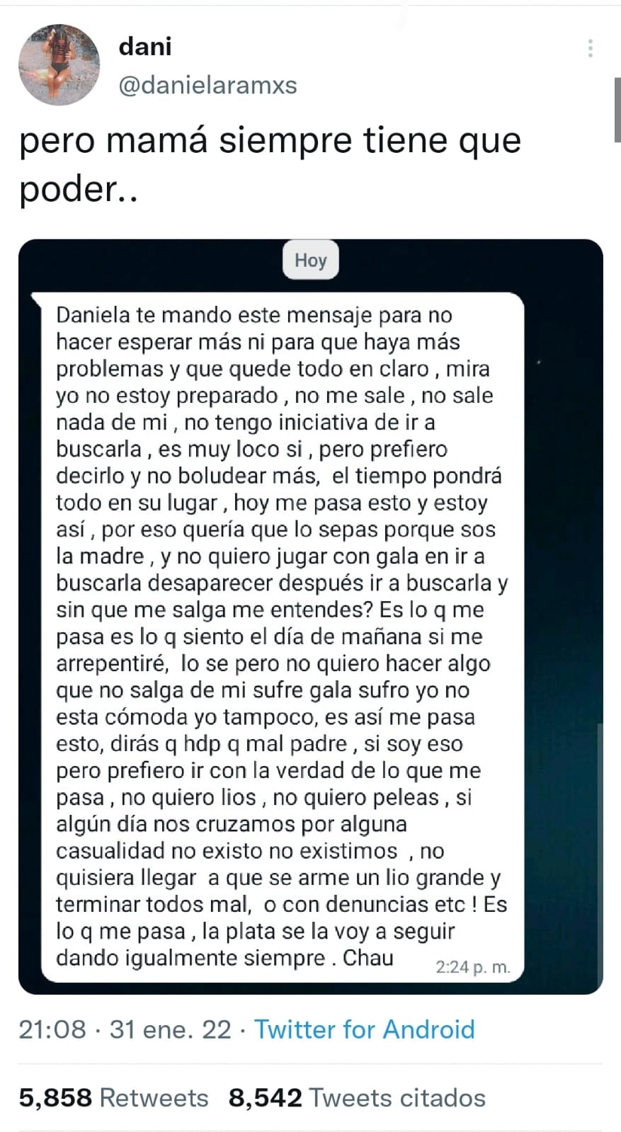 El mensaje que publicó Daniela en su cuenta de twitter.