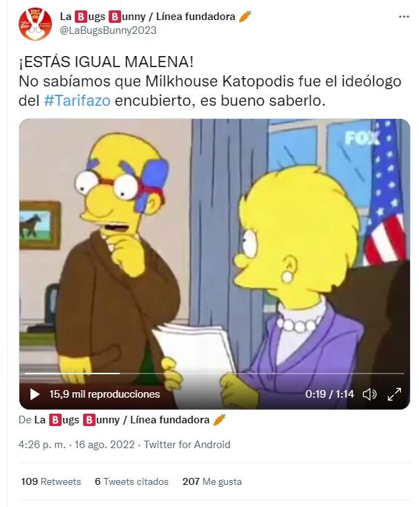 Malena Galmarini dijo que "no es aumento de tarifas sino una redistribución de subsidios" y en las redes se acordaron de Los Simpson (Captura Twitter)