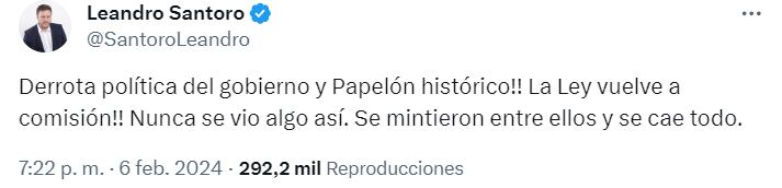 El diputado nacional de UxP Leandro Santoro también habló de derrota - X