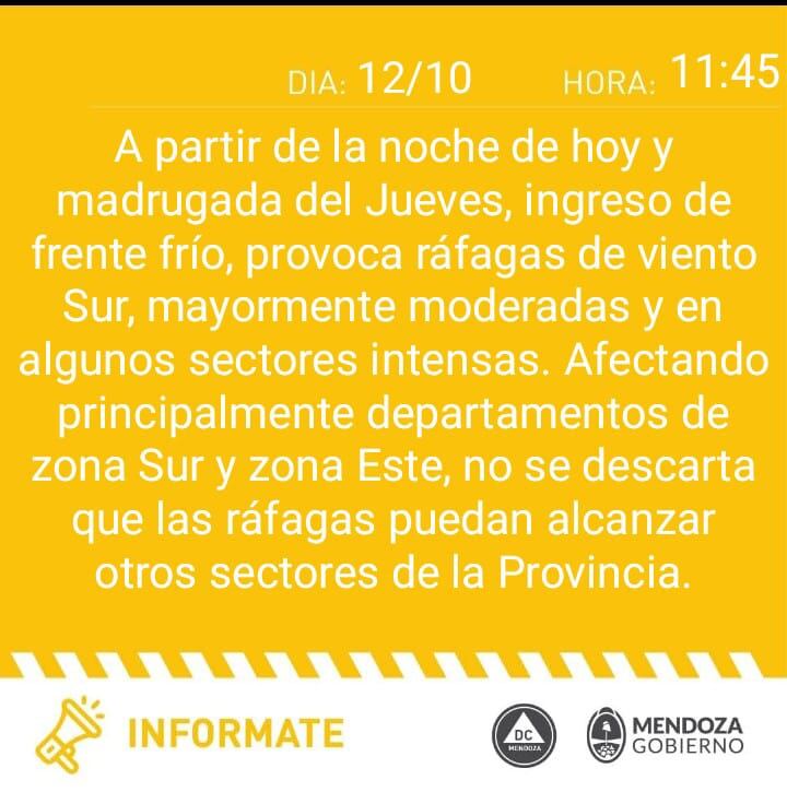 Ingresa un frente frío a Mendoza