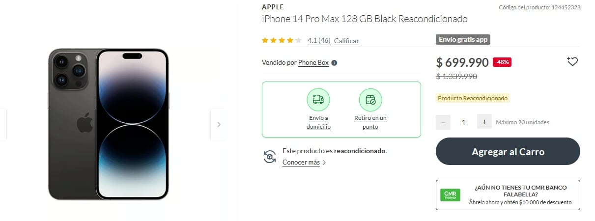 La tienda de Falabella ofrece un Apple iPhone 14 Pro Max 128GB a un precio promocional de $699.990 chilenos.