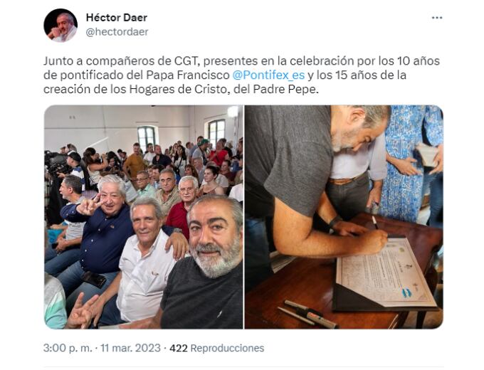 Tweet de Héctor Daer, cotitular de la Confederación General del Trabajo (CGT). Foto: Twitter.