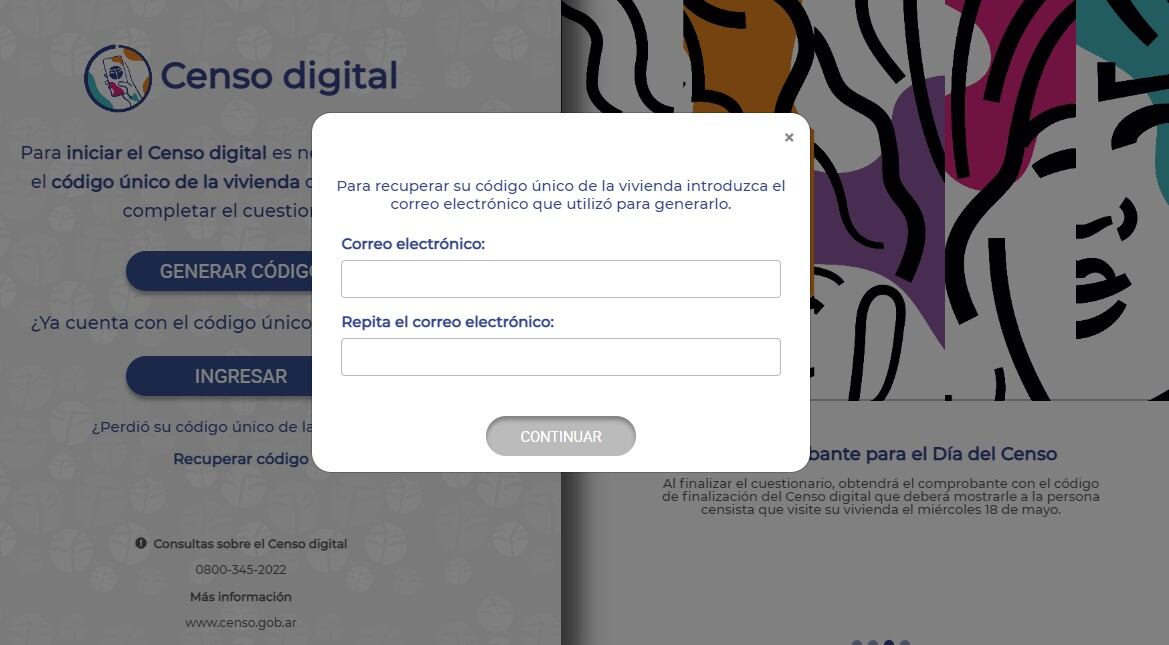 Podés solicitar el código del censo a través de la web, con tu correo electrónico  (Captura)