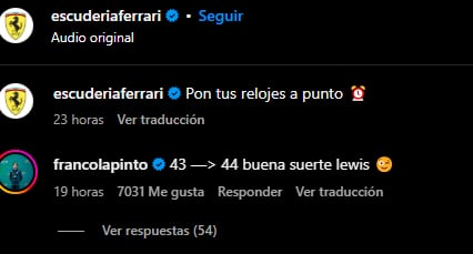 El comentario de Franco Colapinto en el posteo de Ferrari