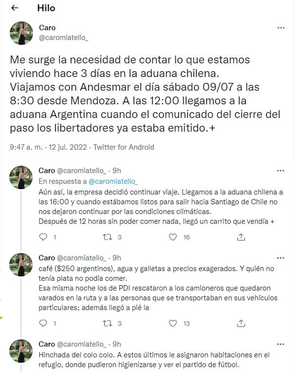 Una joven contó en su relato cómo fue quedarse varados en la aduana chilena y cómo rescataron primero a la hinchada del Colo Colo.