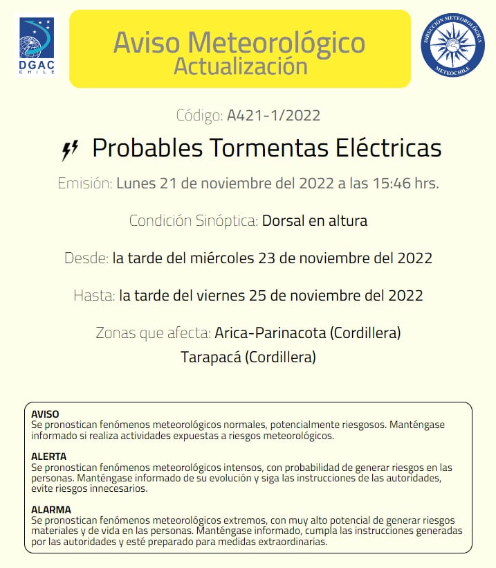 Actualización del aviso meteorológico por parte de la DMC. Foto: @meteochile_dmc