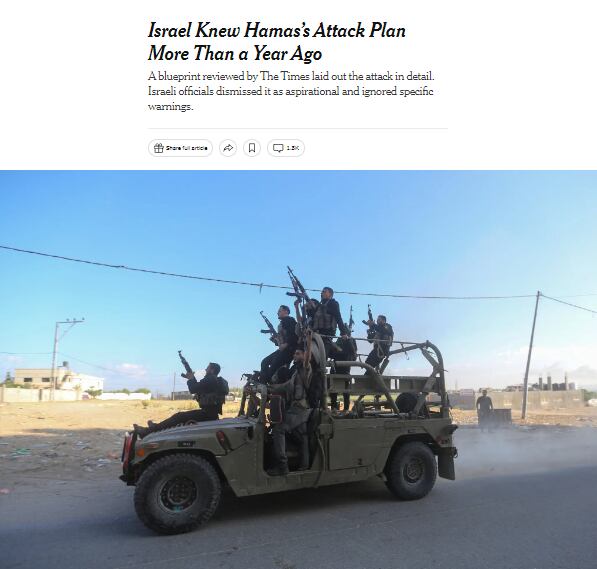 El informe de The New York Times revela que Israel conocía el plan de ataque de Hamas hace más de un año. Foto Captura: The New York Times