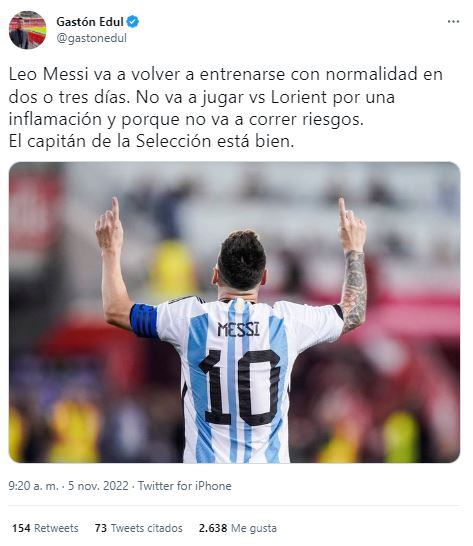 Messi se lesionó a 15 días del Mundial. / Twitter