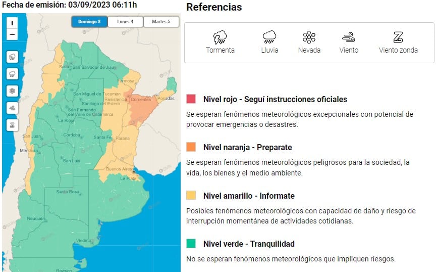 Alerta amarilla en la cordillera mendocina: Gentileza: captura de pantalla Servicio Meteorológico Nacional.