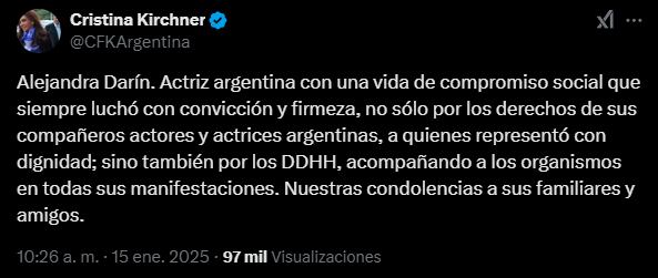 El tuit de Cristina Kirchner despidiendo a Alejandra Darín.