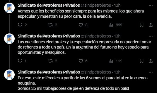 Los posteos del Sindicato de Petroleros Privados. Foto X / @sindpetroleros