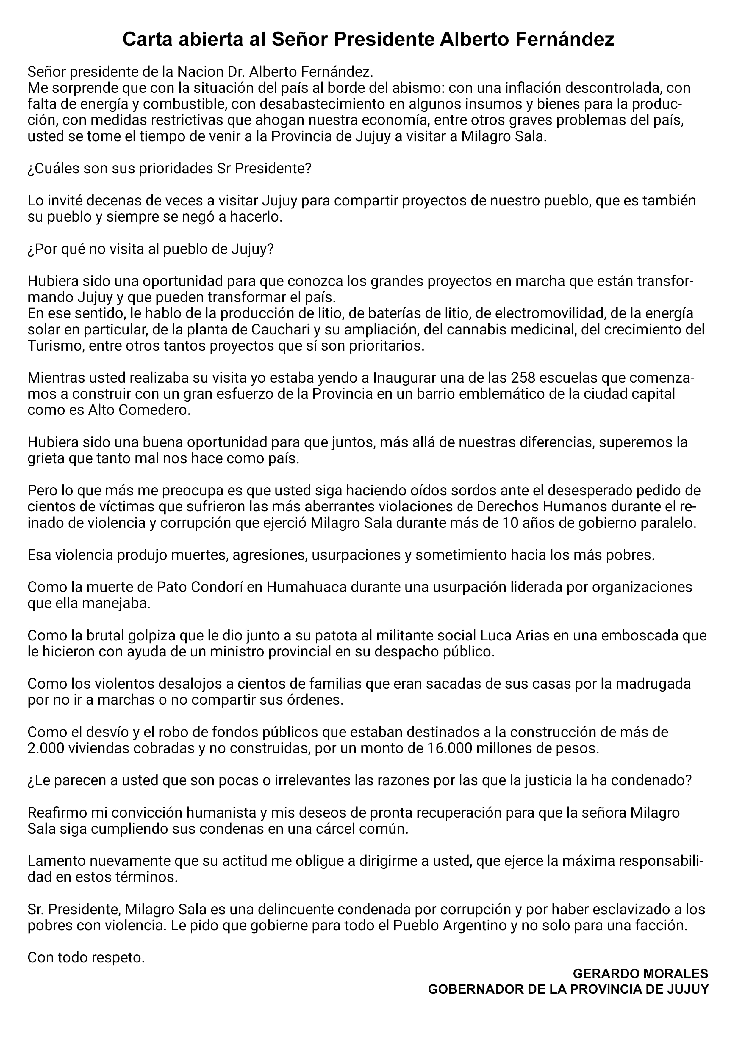 En el marco de la visita de Alberto Fernández a Milagro Sala, Gerardo Morales le escribió una carta abierta al presidente y la publicó en Twitter.