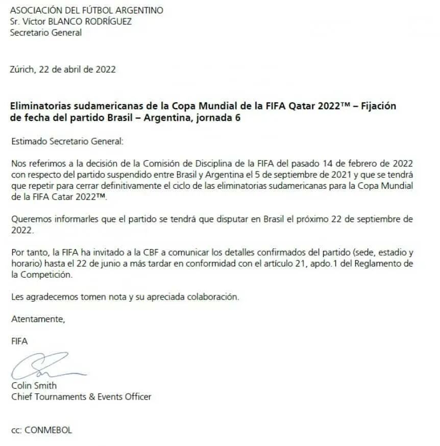 La entidad madre del fútbol mudial le comunicó a Víctor Blanco, Secretario General de AFA, que el encuentro deberá disputarse el 22 de ese mes, en territorio brasileño, aunque Argentina espera por la apelación. / Gentileza.