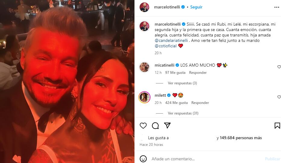 Marcelo Tinelli le dedicó emotivas palabras a su hija Candelaria en su casamiento