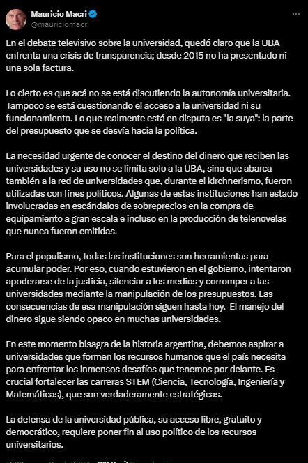 Mauricio Macri: "La defensa de la universidad pública requiere poner fin al uso político de los recursos universitarios"