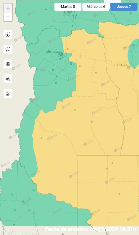 Alerta amarillas por tormentas en Mendoza para el jueves 7 de marzo. Foto: Servicio Meteorológico Nacional