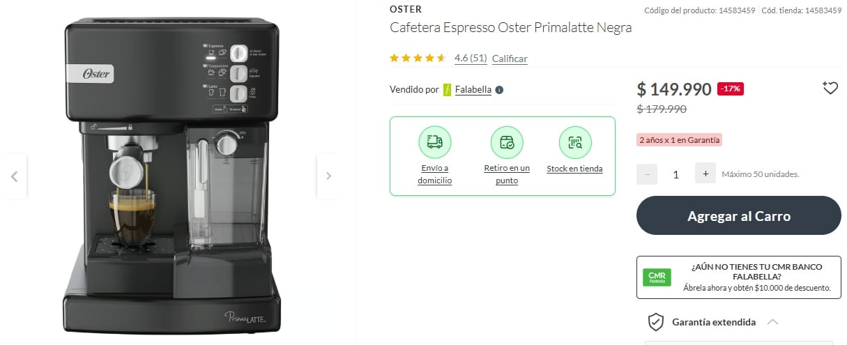 La tienda de Falabella ofrece cafetera Espresso Oster Primalatte a un precio promocional de $149.990 chilenos, gracias a un descuento del 17%.