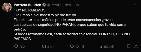 Los tuits de Bullrich sobre el paro general. Foto: captura.