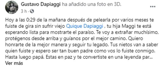 Posteo con la triste noticia del fallecimiento de Quique Dapiaggi.