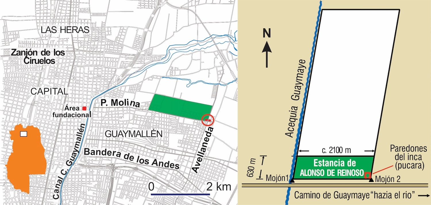 Ubicación de la estancia de Alonso de Reynoso y de los “paredones del inca”. Imagen: Alejandro García.