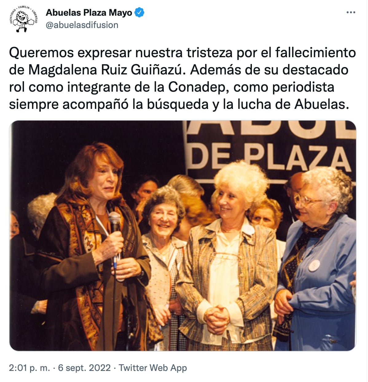 Mensaje de despedida de Abuelas de Plaza de Mayo a Magdalena Ruiz Guiñazú.