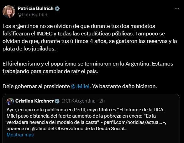 El tuit de Patricia Bullrich en X. Foto: captura.