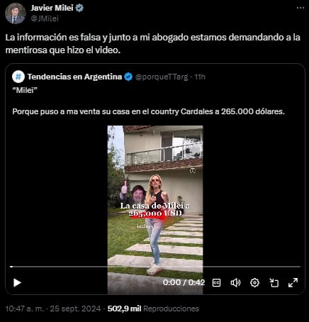 La respuesta de Javier Milei al video donde una agente inmobiliaria promociona una casa.