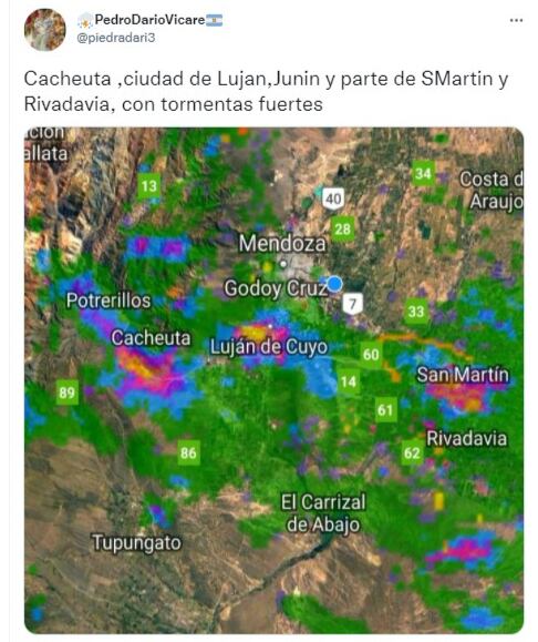 Las tormentas en el oeste, centro y este provincial. Twitter Pedro Vicare